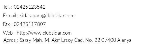 Club Sidar Apart Hotel telefon numaralar, faks, e-mail, posta adresi ve iletiim bilgileri